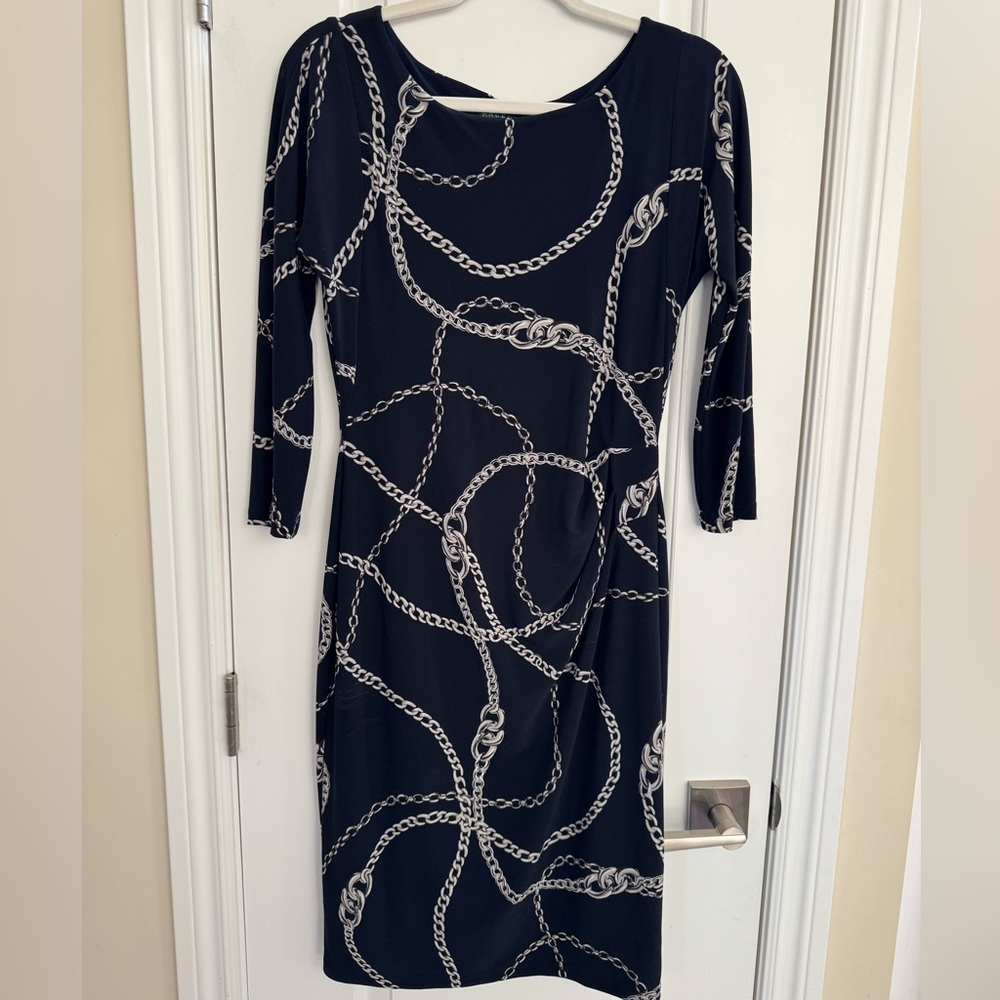 Lauren Ralph Lauren Ruched Chain Print Dress 6 Black Classic Officesiren Preppy